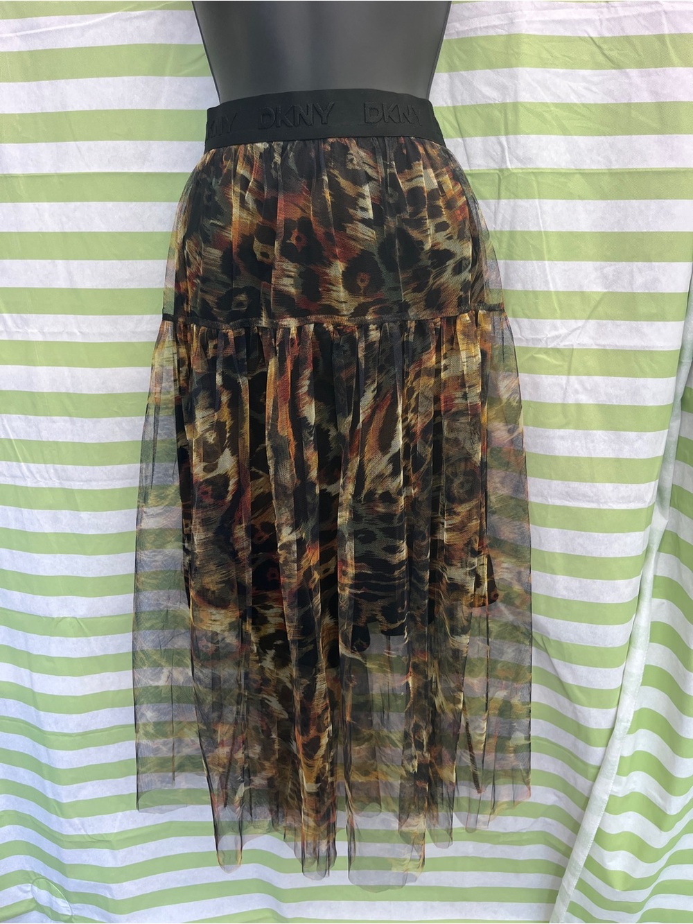 DKNY Leopard-Print Mesh Midi Skirt in Black and Brown Tones